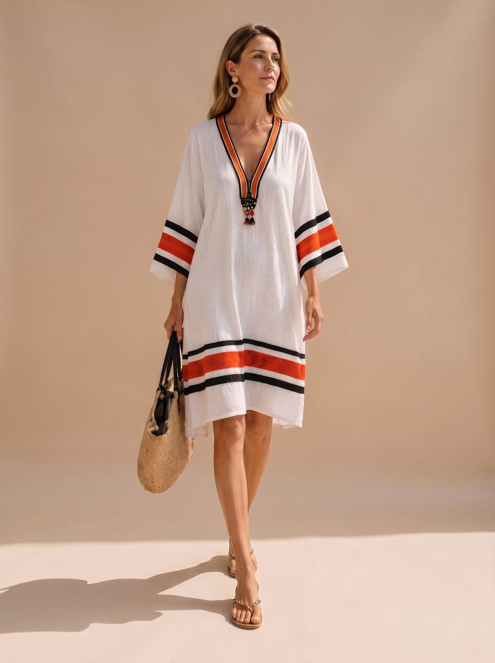 Midi Sundress Women V Neck | Tassel Trim and Kaftan Cut in White#colour_white