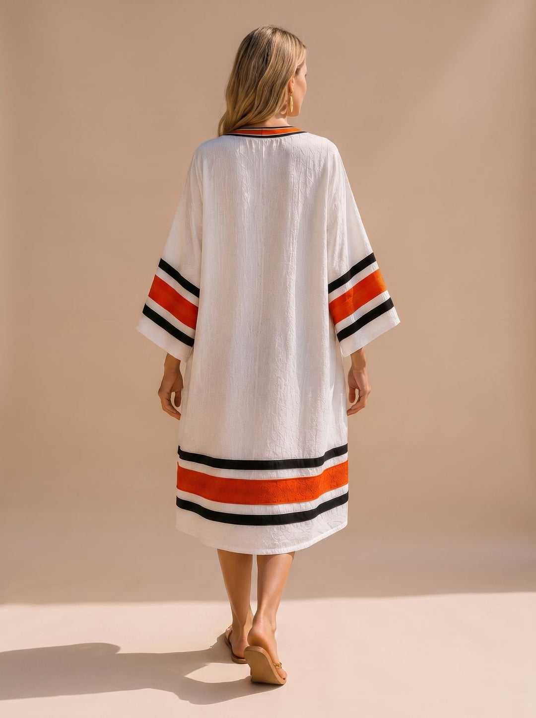 Midi Sundress Women V Neck | Tassel Trim and Kaftan Cut in White#colour_white