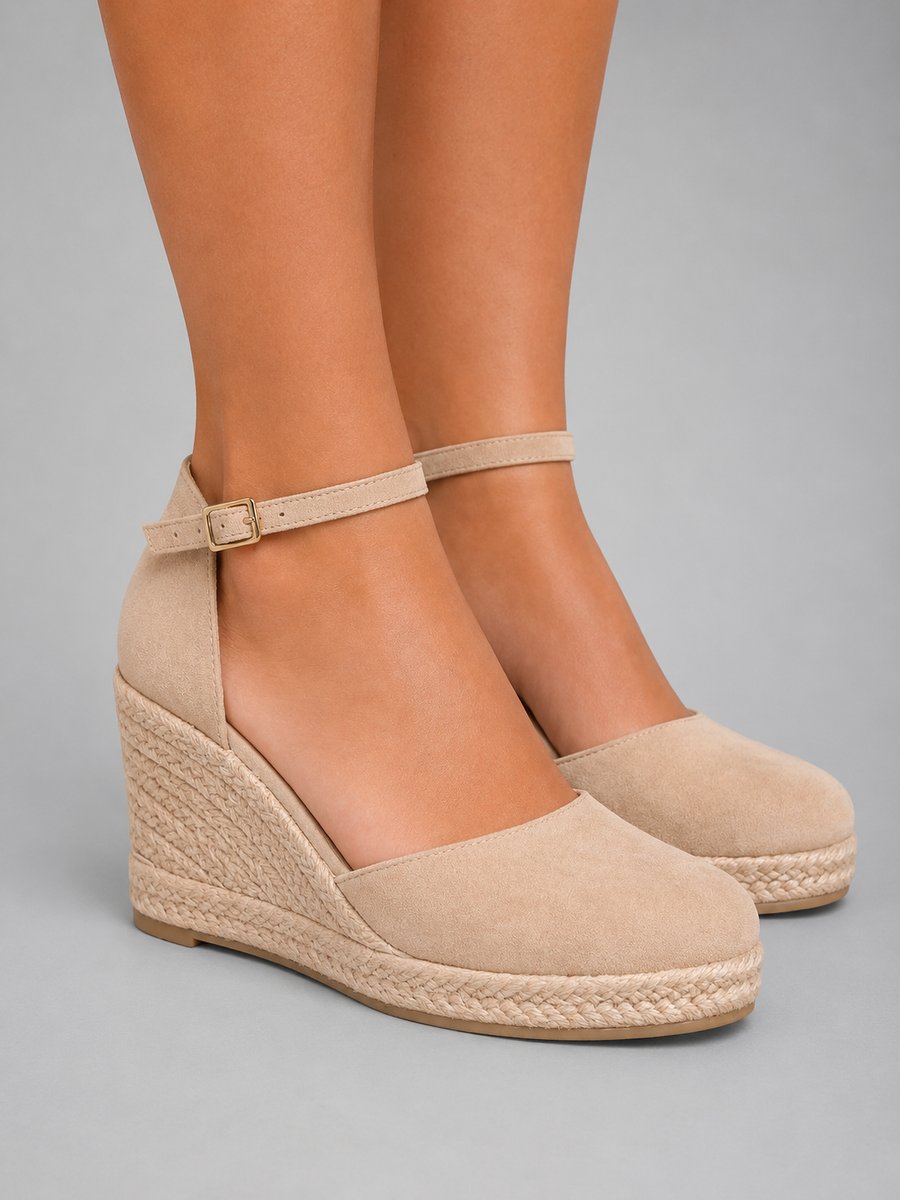 Wedge Sandals Women Closed Toe | Espadrille Sole and Ankle Strap in Beige#colour_beige