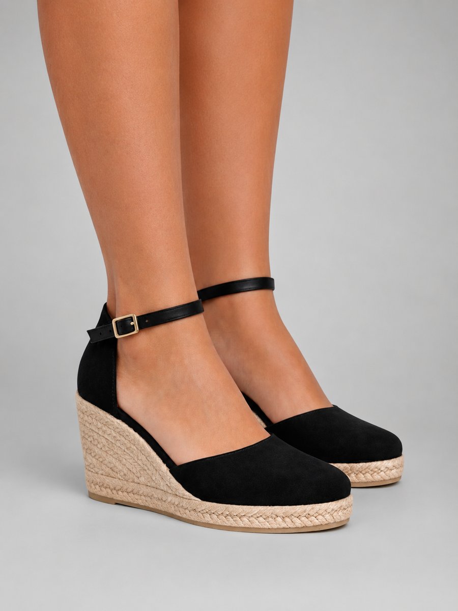 Wedge Sandals Women Closed Toe | Espadrille Sole and Ankle Strap in Black#colour_black