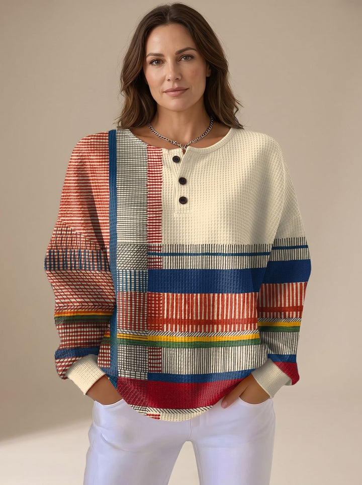 Knit Sweater Women Colourblock | Henley Neck and Waffle Texture in Multicolour#colour_multicolour