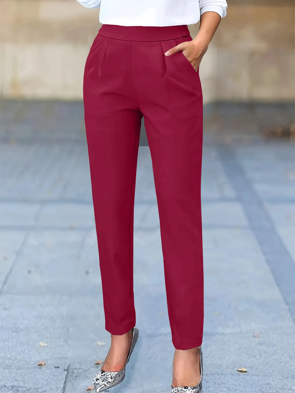 Black Work Pants Women with Pleated Fall in Red#colour_red