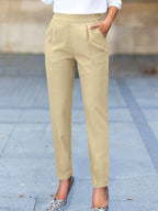Black Work Pants Women with Pleated Fall in Beige#colour_beige