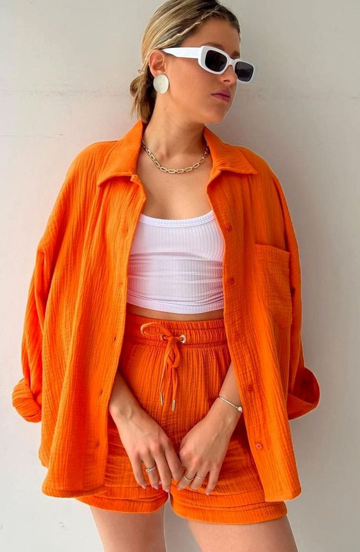 Button Up Shirts Women with Shorts | Relaxed Fit and Two Piece Set in Orange#colour_orange