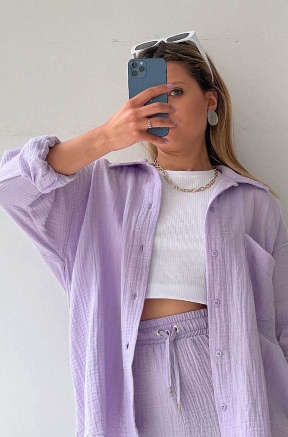 Button Up Shirts Women with Shorts | Relaxed Fit and Two Piece Set in Purple#colour_purple
