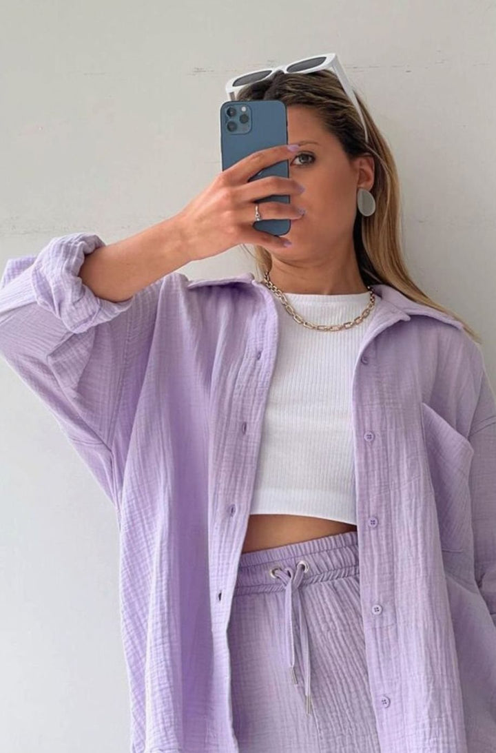 Button Up Shirts Women with Shorts | Relaxed Fit and Two Piece Set in Purple#colour_purple