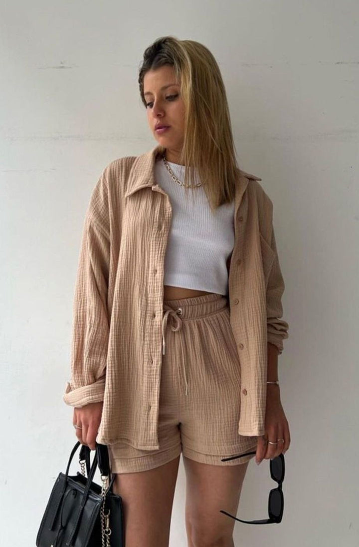 Button Up Shirts Women with Shorts | Relaxed Fit and Two Piece Set in Khaki#colour_khaki