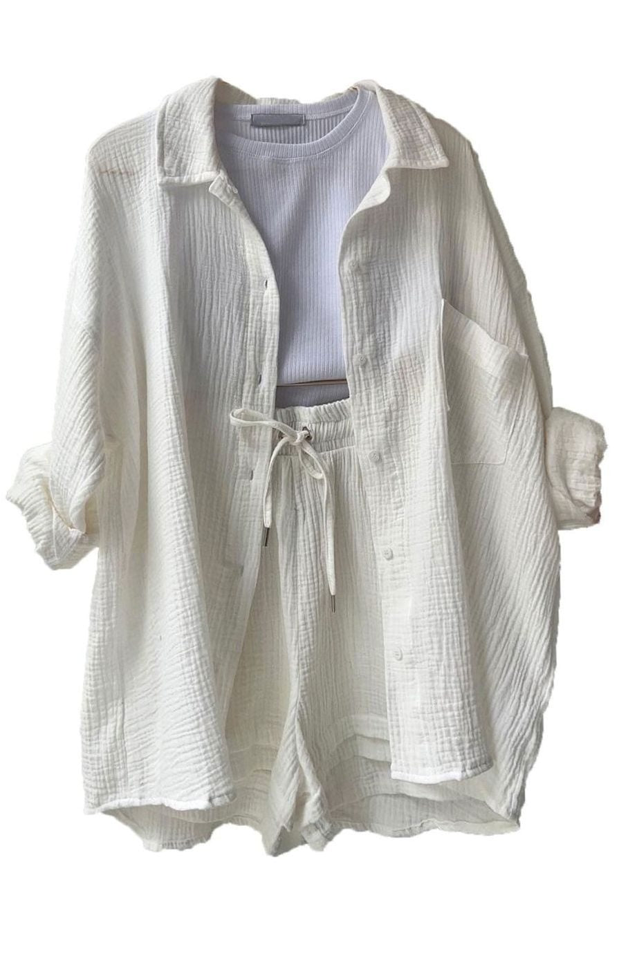 Button Up Shirts Women with Shorts | Relaxed Fit and Two Piece Set in White#colour_white