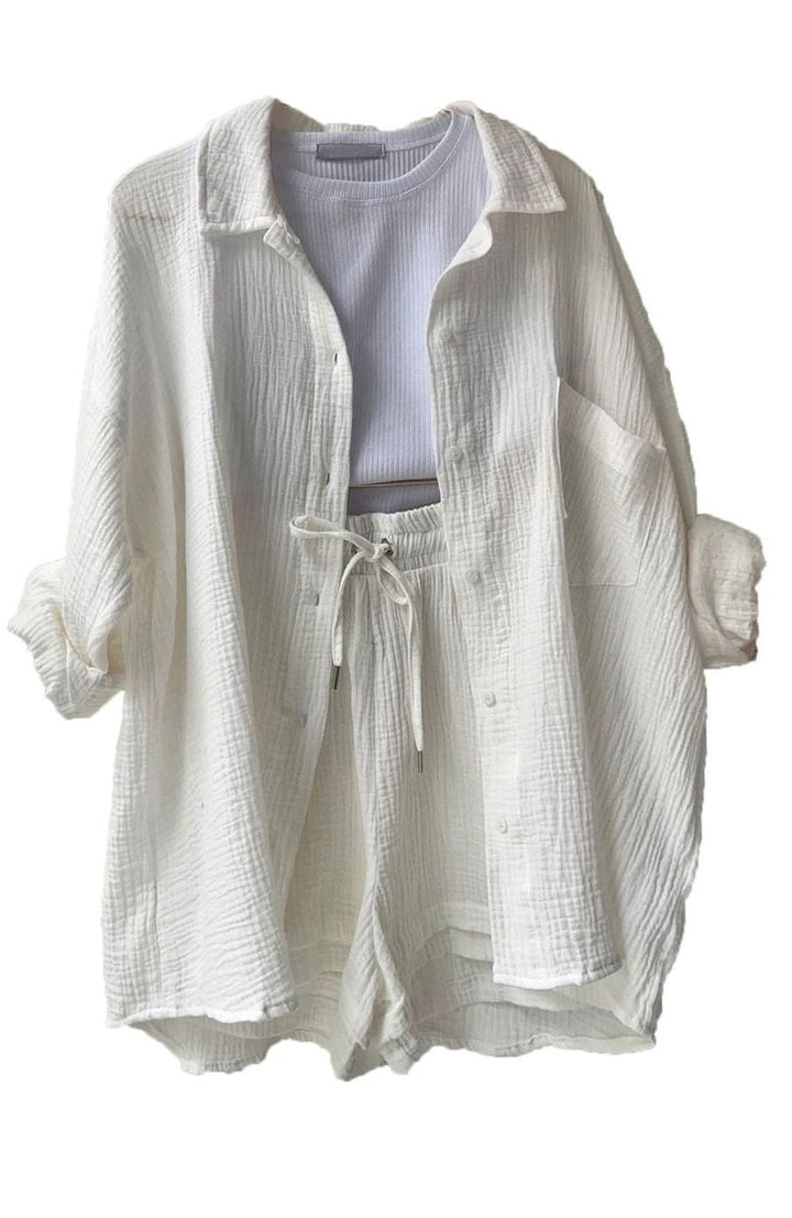 Button Up Shirts Women with Shorts | Relaxed Fit and Two Piece Set in White#colour_white