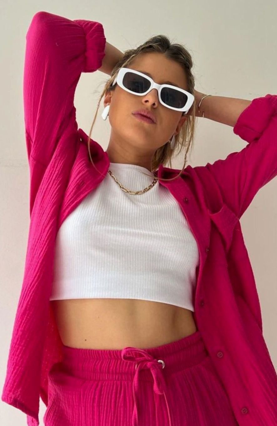 Button Up Shirts Women with Shorts | Relaxed Fit and Two Piece Set in Pink#colour_pink