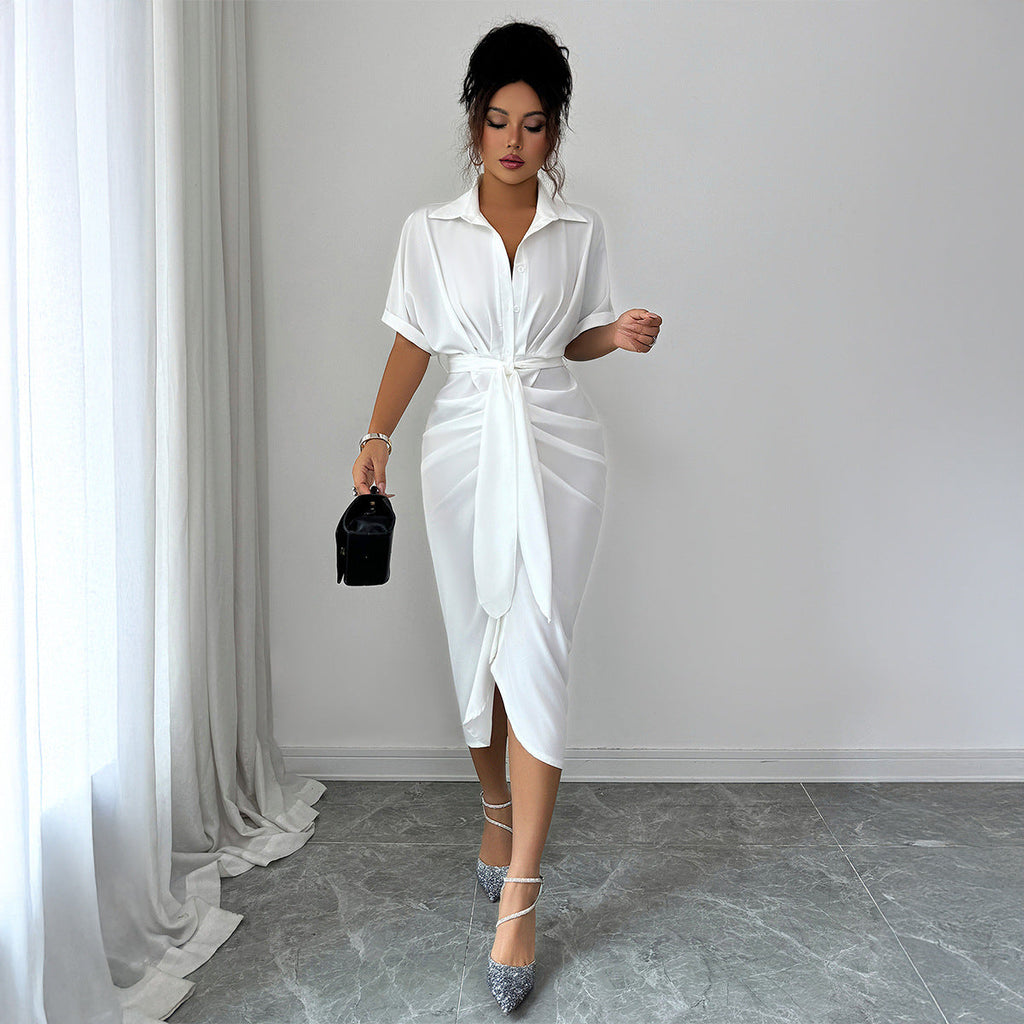 White Dress Women with Wrap Front and Belted Waist in White#colour_white