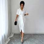 White Dress Women with Wrap Front and Belted Waist in White#colour_white