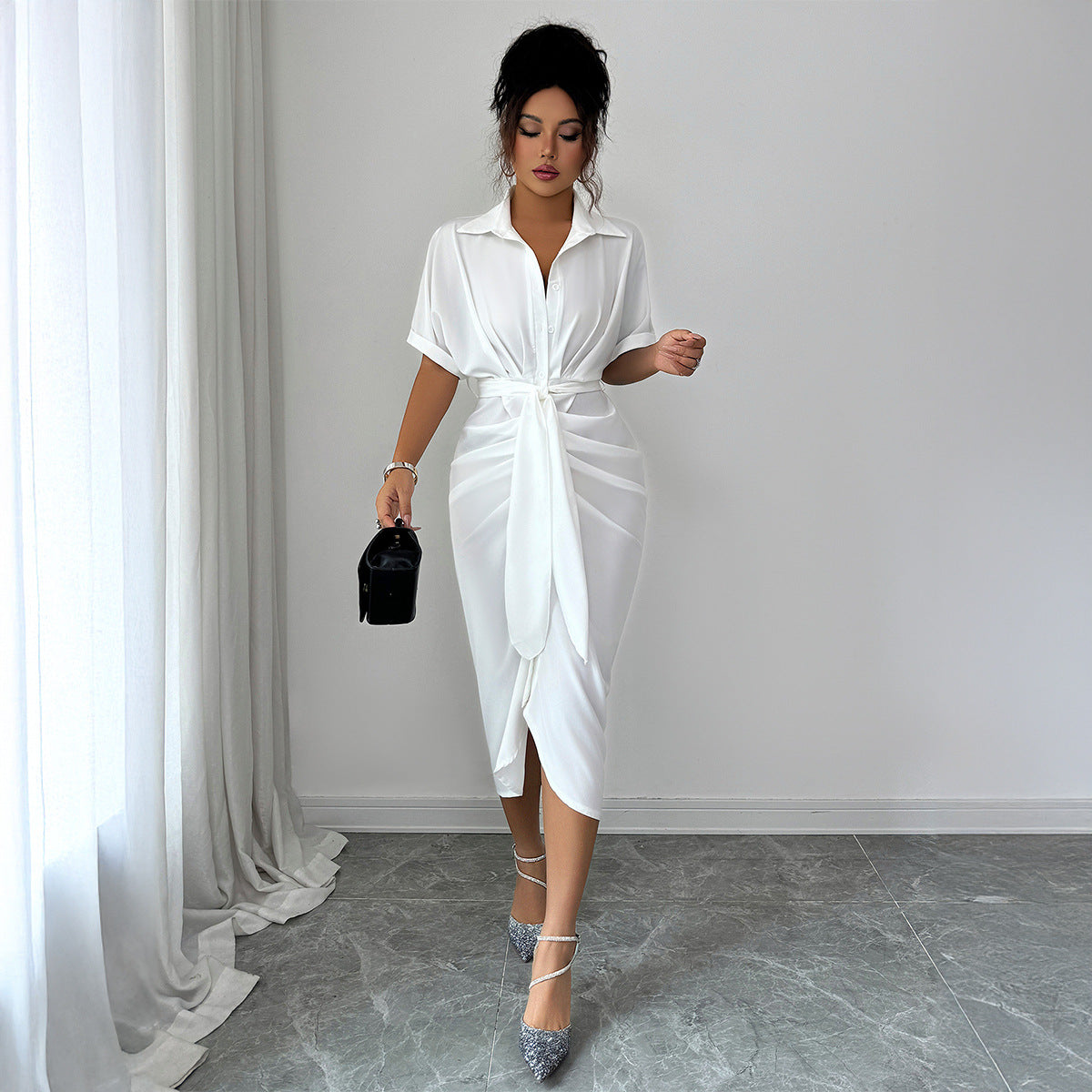 White Dress Women with Wrap Front and Belted Waist in White#colour_white