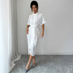 White Dress Women with Wrap Front and Belted Waist in White#colour_white