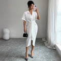 White Dress Women with Wrap Front and Belted Waist in White#colour_white