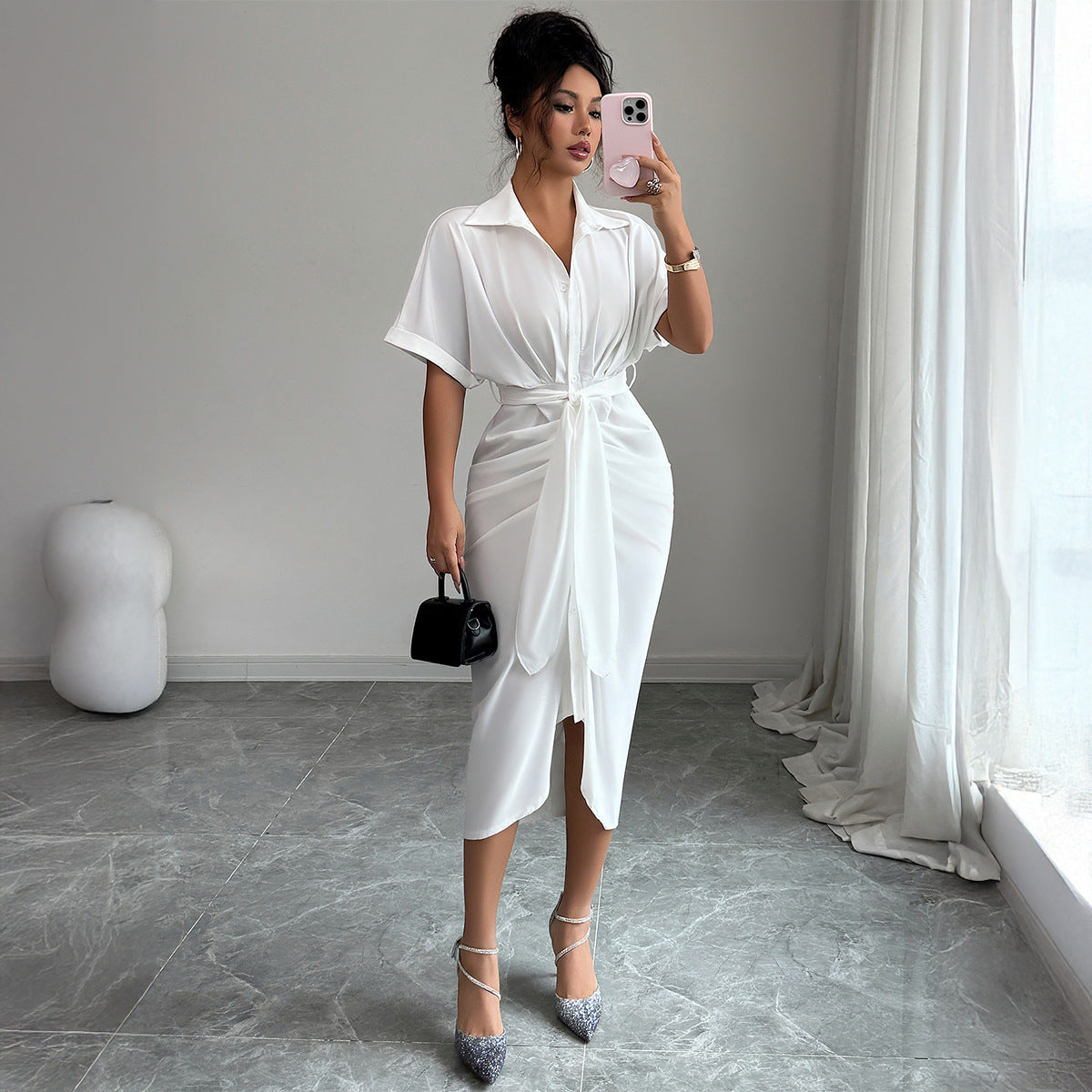 White Dress Women with Wrap Front and Belted Waist in White#colour_white